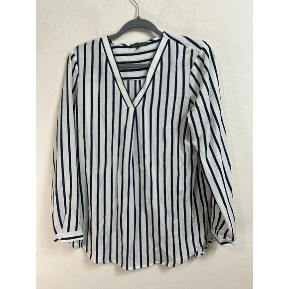 Adrianna Papell S V Neck Blouse Tunic Navy White Stripe Nautical Office Career W - Picture 1 of 7
